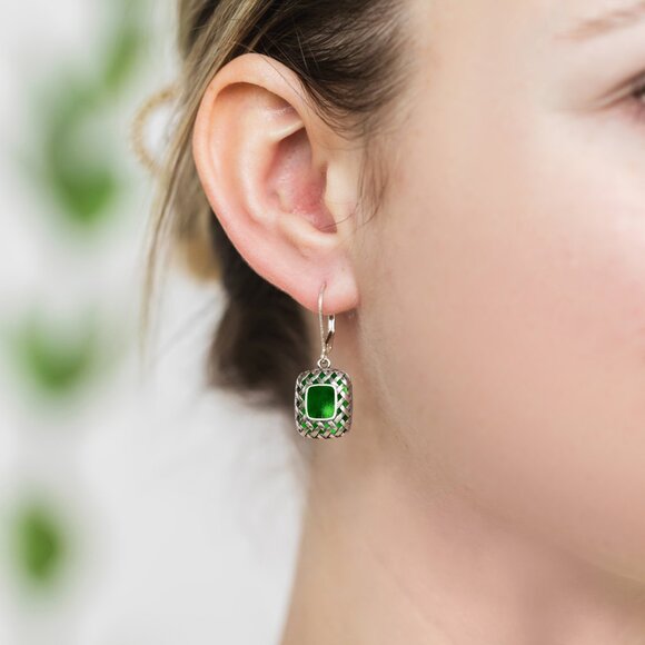 Recycled Vintage 1960's Green Beer Bottle Sterling Quilted Square Earrings - Picture 4 of 6